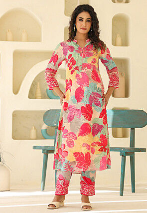 Digital Printed Crepe Straight Kurta Set in Multicolor