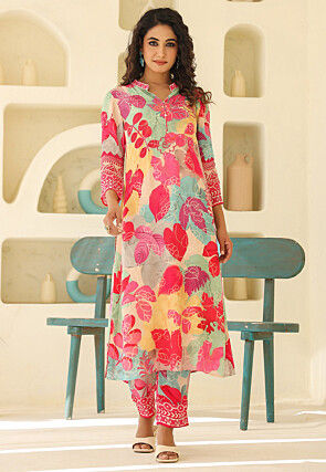 Digital Printed Crepe Straight Kurta Set in Multicolor