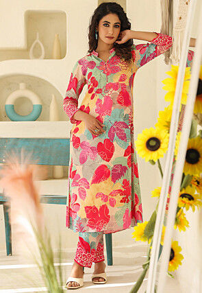 Digital Printed Crepe Straight Kurta Set in Multicolor