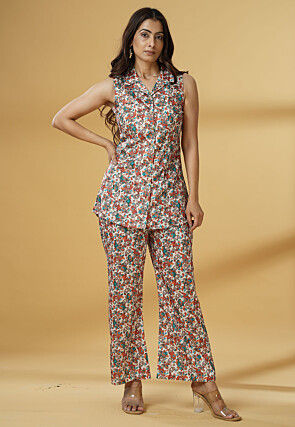 Digital Printed Crepe Straight Top Set in Multicolor