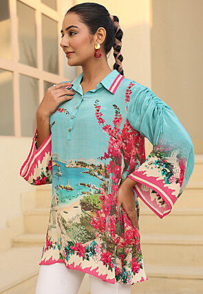 Digital Printed Crepe Top in Blue