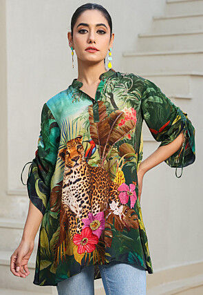 Digital Printed Crepe Top in Dark Green