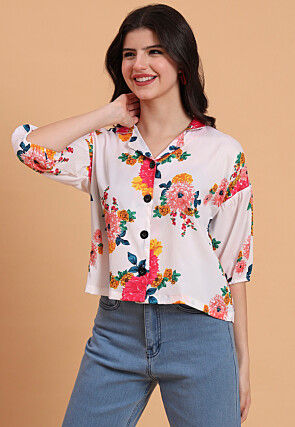 Digital Printed Crepe Top in Off White