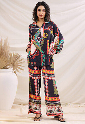 Digital Printed Crepe Top Set in Navy Blue