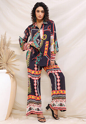 Digital Printed Crepe Top Set in Navy Blue