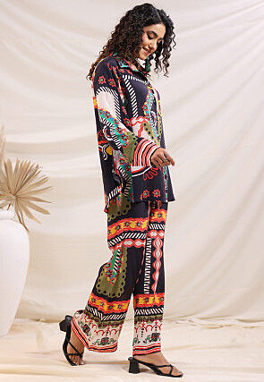 Digital Printed Crepe Top Set in Navy Blue