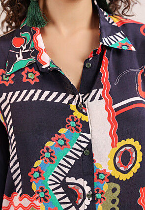 Digital Printed Crepe Top Set in Navy Blue