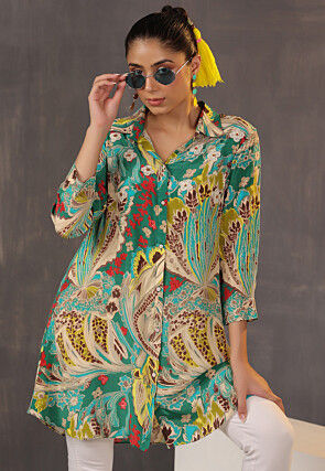 Digital Printed Crepe Tunic in Green and Multicolor