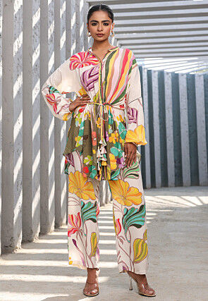 Digital Printed Crepe Tunic Set in White and Multicolor