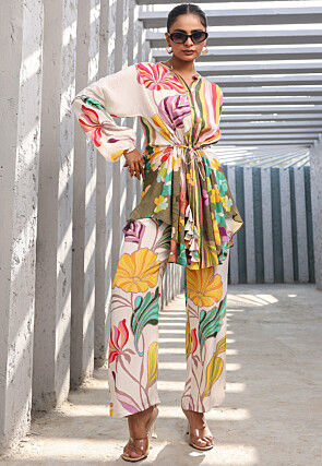 Digital Printed Crepe Tunic Set in White and Multicolor