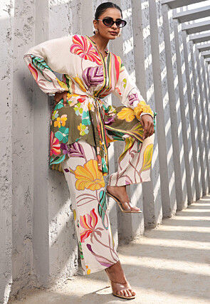 Digital Printed Crepe Tunic Set in White and Multicolor