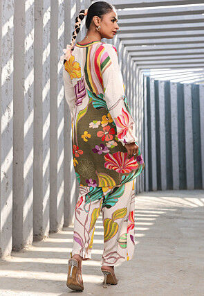 Digital Printed Crepe Tunic Set in White and Multicolor