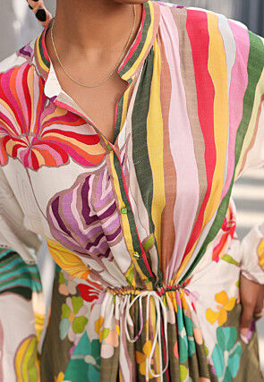 Digital Printed Crepe Tunic Set in White and Multicolor