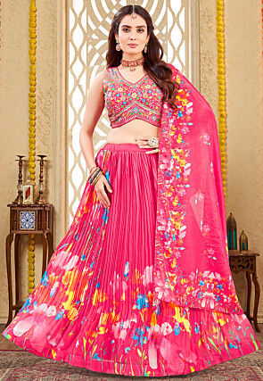 Digital Printed Crushed Georgette Lehenga in Pink