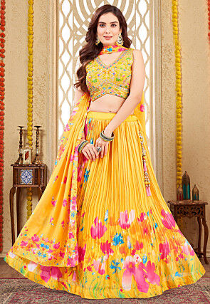 Digital Printed Crushed Georgette Lehenga in Yellow