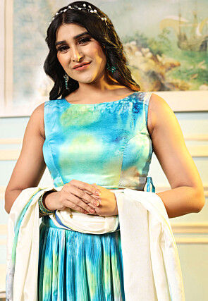 Digital Printed Crushed Satin Lehenga in Light Blue