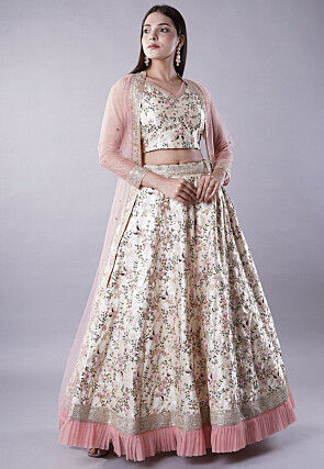 Digital Printed Dupion Silk Crop Top Set in Beige