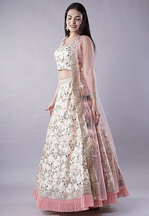 Digital Printed Dupion Silk Crop Top Set in Beige