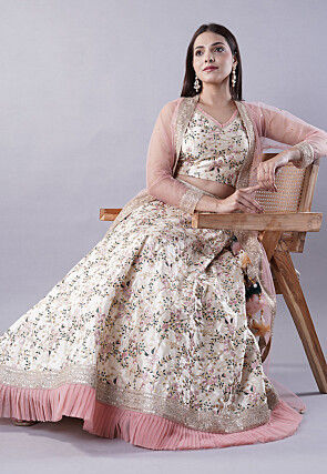 Digital Printed Dupion Silk Crop Top Set in Beige