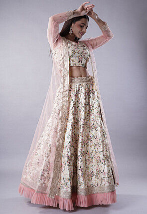 Digital Printed Dupion Silk Crop Top Set in Beige