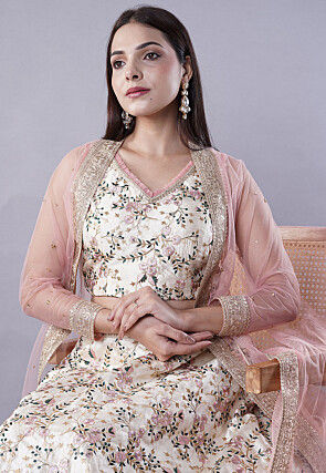 Digital Printed Dupion Silk Crop Top Set in Beige