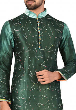 Digital Printed Dupion Silk Dhoti Kurta in Dark Green