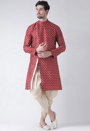 Digital Printed Dupion Silk Dhoti Kurta in Maroon