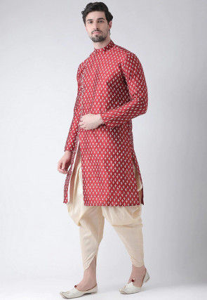 Digital Printed Dupion Silk Dhoti Kurta in Maroon