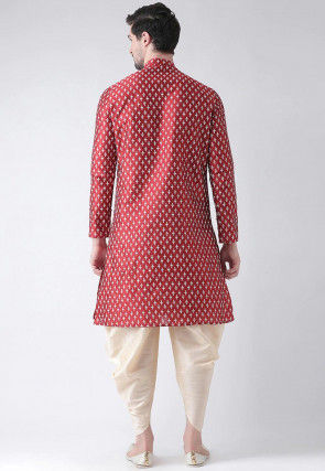 Digital Printed Dupion Silk Dhoti Kurta in Maroon