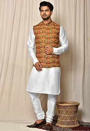 Digital Printed Dupion Silk Jacket Kurta Set in White MTX2305
