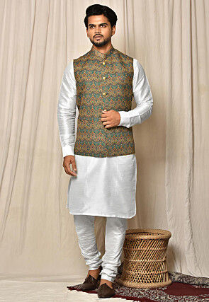 Digital Printed Dupion Silk Jacket Kurta Set in White MTX2312