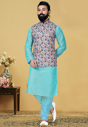 Digital Printed Dupion Silk Kurta Jacket Set in Blue and Pink