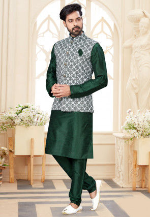 Digital Printed Dupion Silk Kurta Jacket Set in Green and White