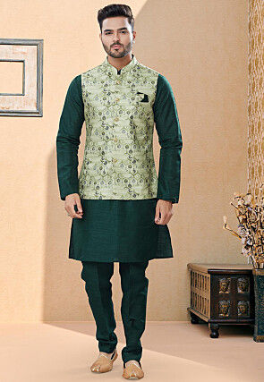 Digital Printed Dupion Silk Kurta Jacket Set in Green