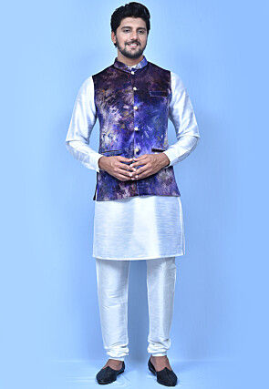 Digital Printed Dupion Silk Kurta Jacket Set in White and Blue