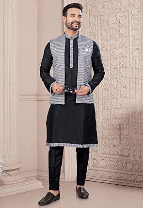 Digital Printed Dupion Silk Kurta Set in Black and Off White
