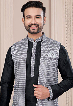 Digital Printed Dupion Silk Kurta Set in Black and Off White