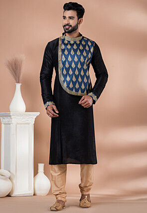 Digital Printed Dupion Silk Kurta Set in Black