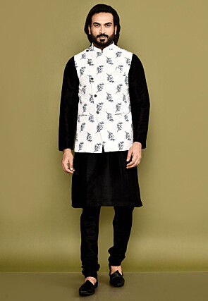 Digital Printed Dupion Silk Kurta Set in Black and White
