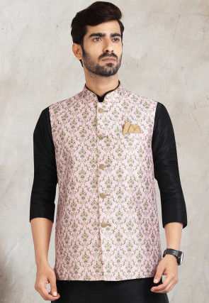 Digital Printed Dupion Silk Kurta Set in Black
