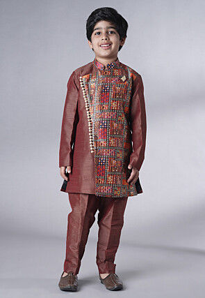 Digital Printed Dupion Silk Kurta Set in Dark Brown