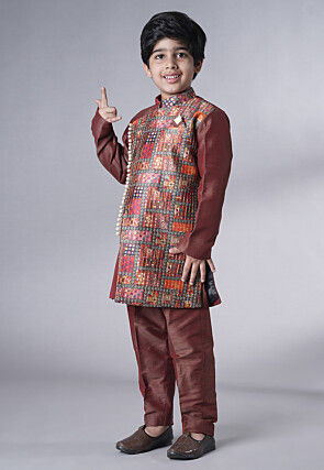Digital Printed Dupion Silk Kurta Set in Dark Brown