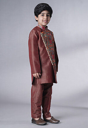 Digital Printed Dupion Silk Kurta Set in Dark Brown