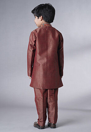 Digital Printed Dupion Silk Kurta Set in Dark Brown