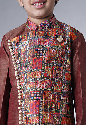 Digital Printed Dupion Silk Kurta Set in Dark Brown