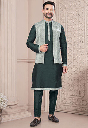 Digital Printed Dupion Silk Kurta Set in Dark Green and Pastel Green