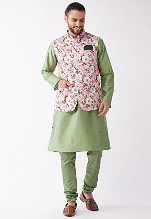 Digital Printed Dupion Silk Kurta Set in Dusty Green