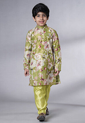 Digital Printed Dupion Silk Kurta Set in Green