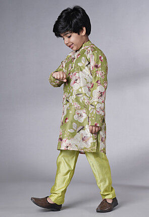 Digital Printed Dupion Silk Kurta Set in Green