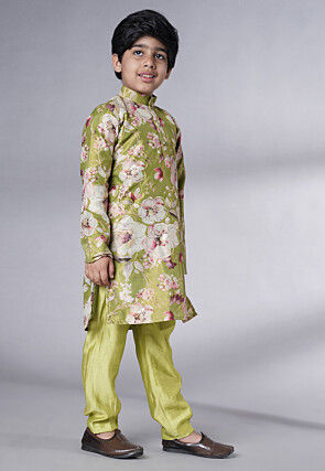 Digital Printed Dupion Silk Kurta Set in Green
